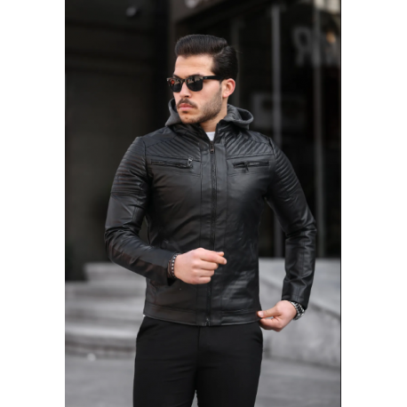 کاپشن چرم کلاهدار مردانه